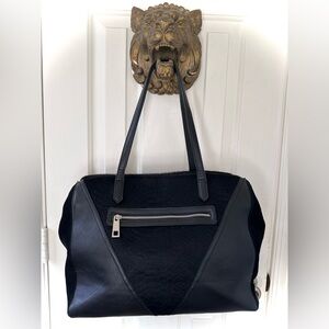 Sondra Roberts Large Black Leather Suede Tote Bag with calf hair Panels